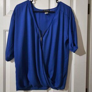 Royal Blue Short Sleeve Blouse – Soft Silky Feel, Scoop Neck, Zip Front
